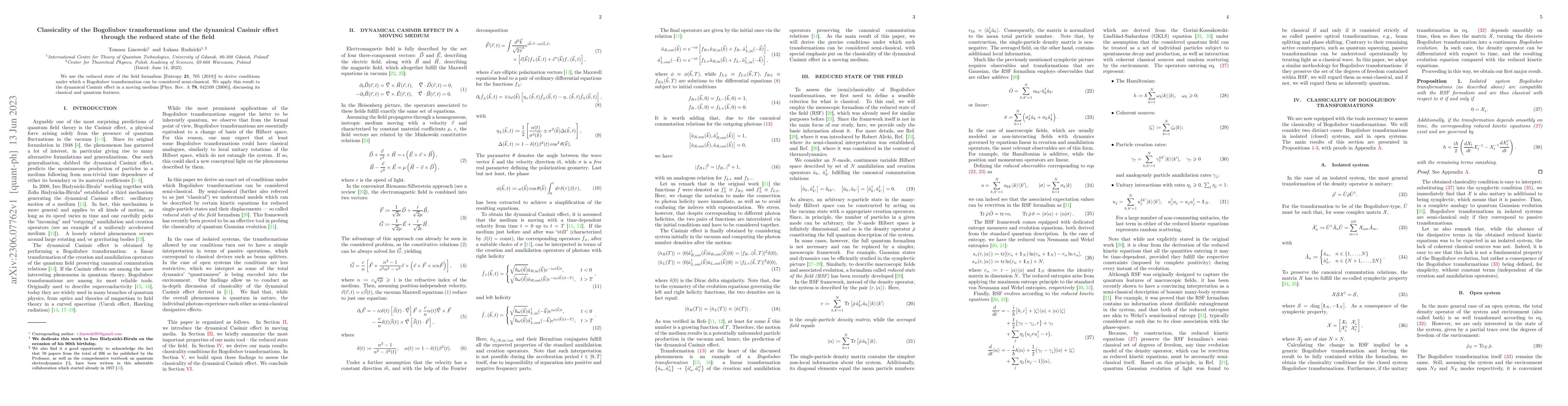 Thumbnail for Classicality of the Bogoliubov transformations and the dynamical Casimir
  effect through the reduced state of the field