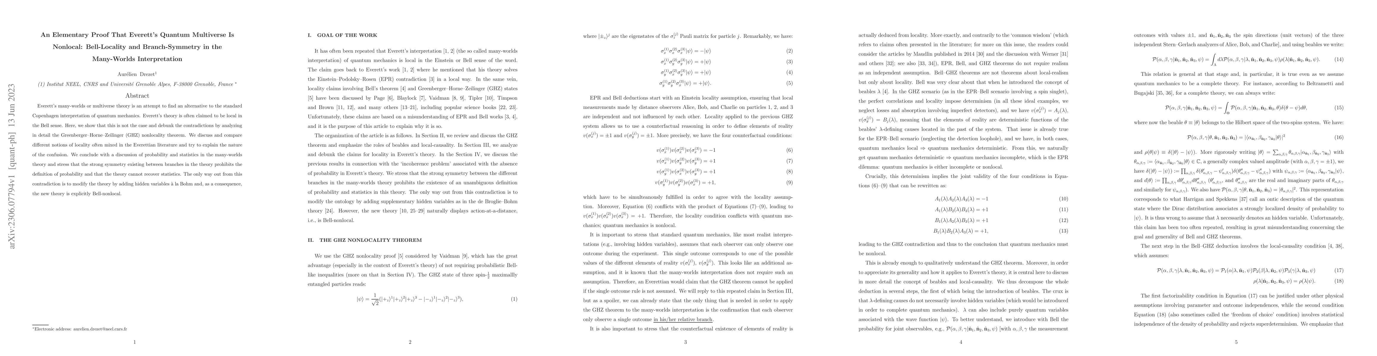 Thumbnail for An Elementary Proof That Everett's Quantum Multiverse Is Nonlocal:
  Bell-Locality and Branch-Symmetry in the Many-Worlds Interpretation