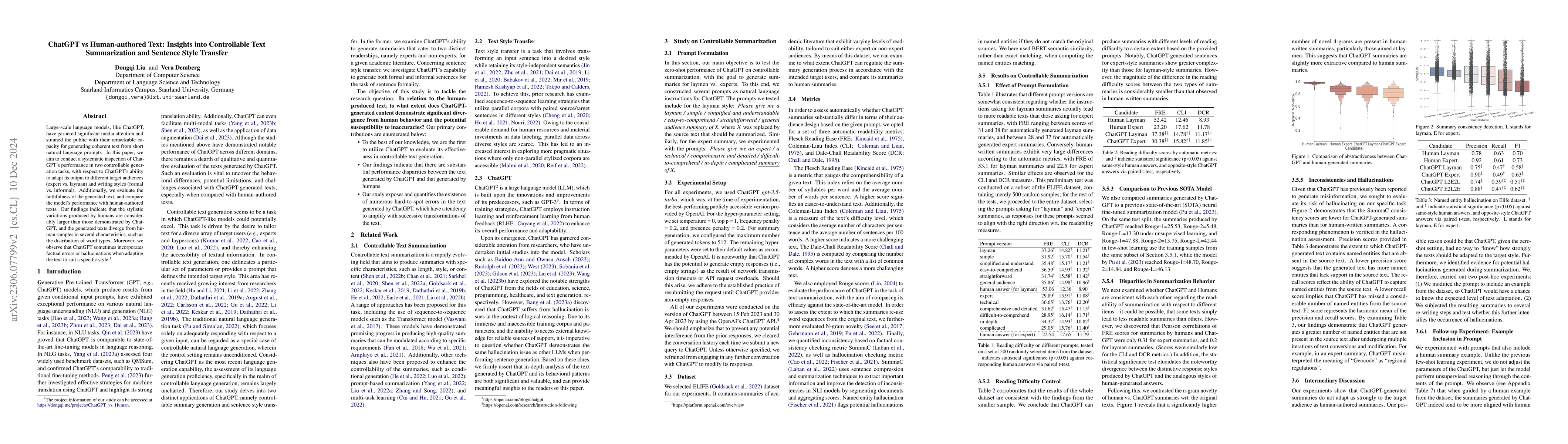 Thumbnail for ChatGPT vs Human-authored Text: Insights into Controllable Text
  Summarization and Sentence Style Transfer
