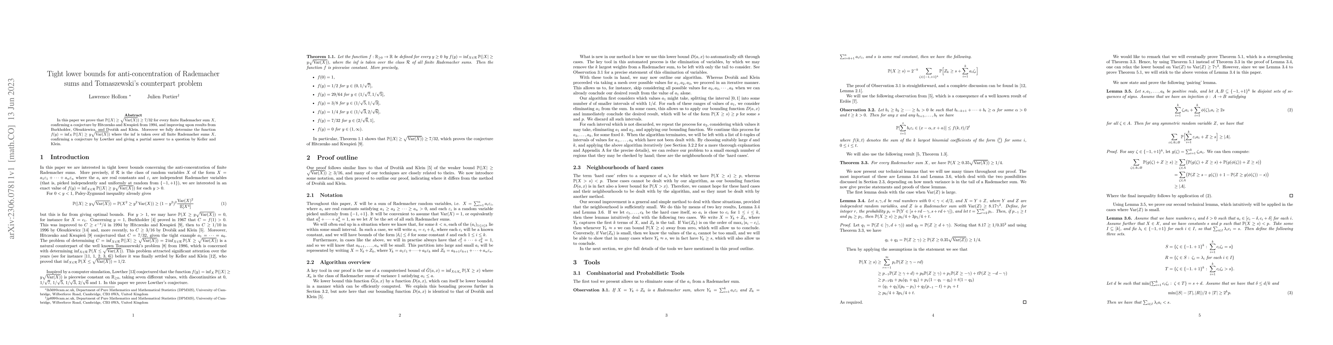 Thumbnail for Tight lower bounds for anti-concentration of Rademacher sums and
  Tomaszewski's counterpart problem