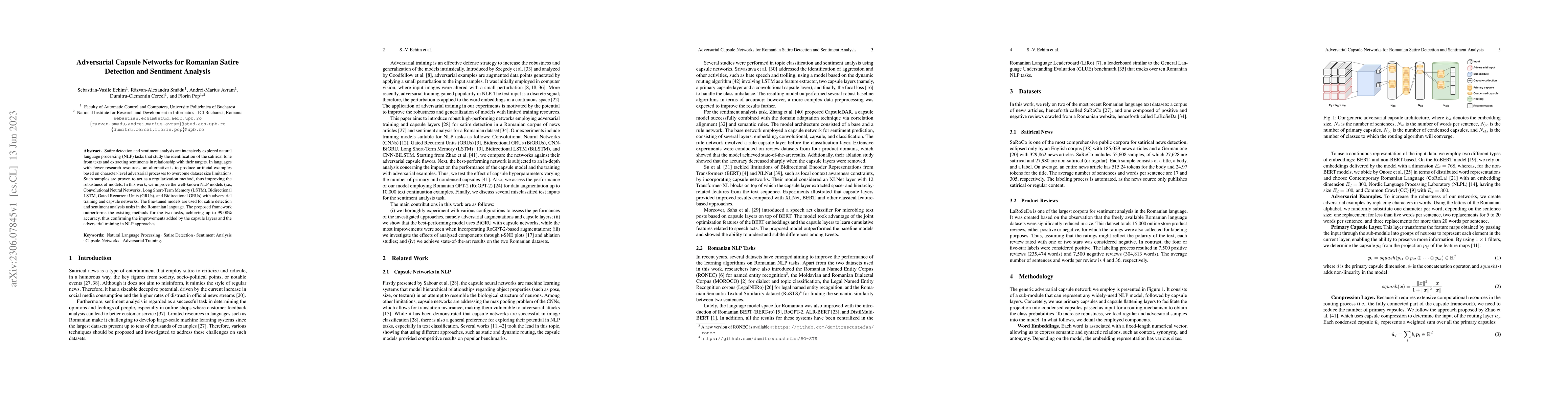 Thumbnail for Adversarial Capsule Networks for Romanian Satire Detection and Sentiment
  Analysis