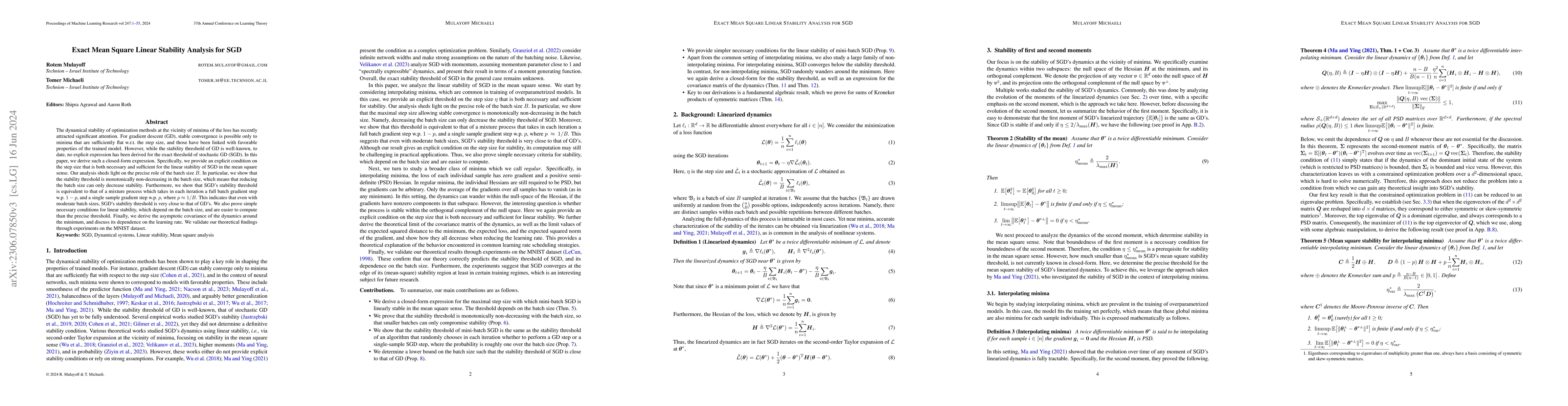 Thumbnail for Exact Mean Square Linear Stability Analysis for SGD