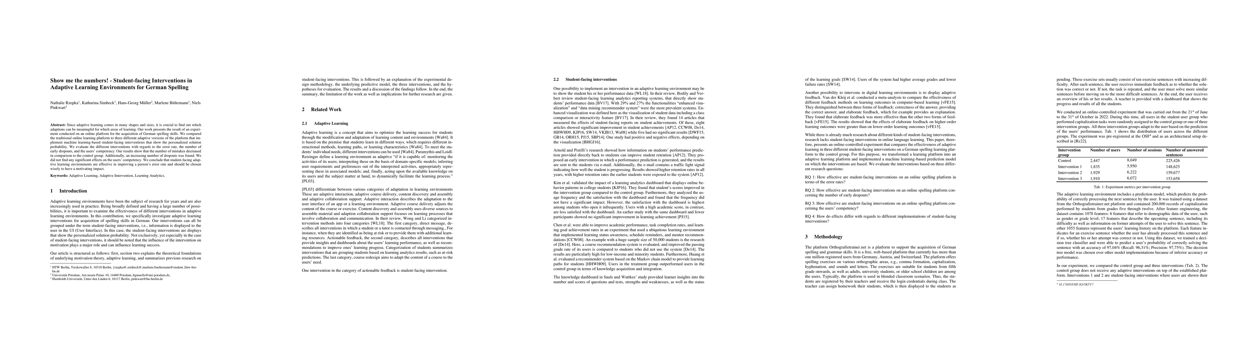 Thumbnail for Show me the numbers! -- Student-facing Interventions in Adaptive
  Learning Environments for German Spelling