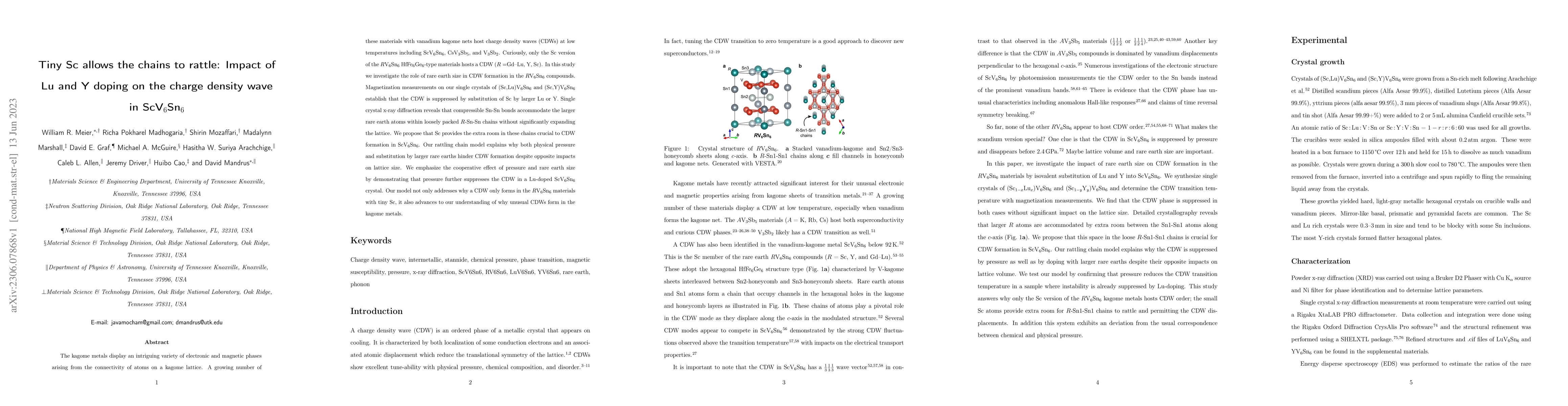 Thumbnail for Tiny Sc allows the chains to rattle: Impact of Lu and Y doping on the
  charge density wave in ScV$_6$Sn$_6$