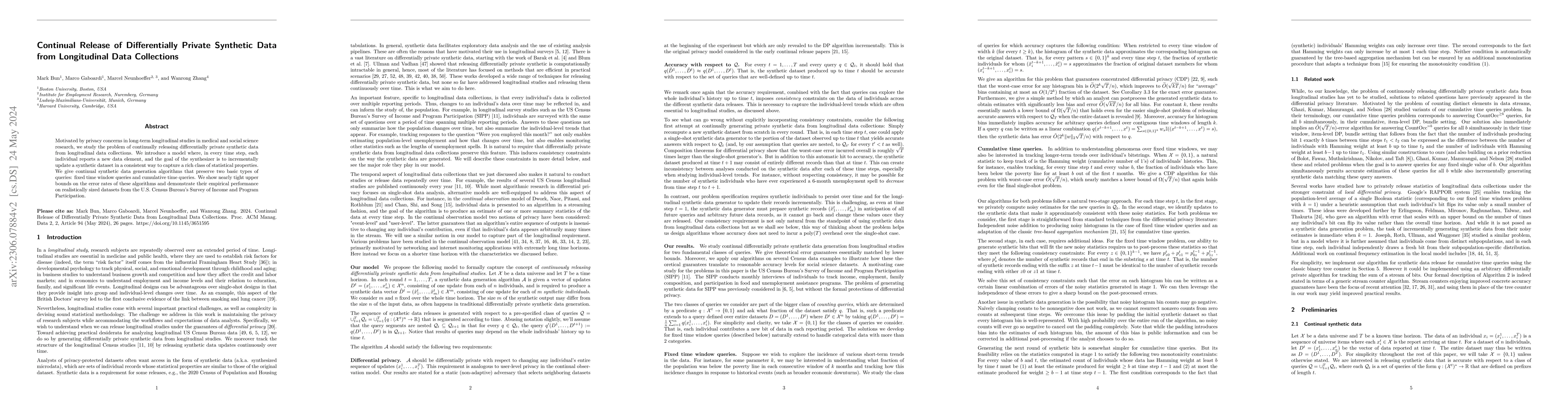 Thumbnail for Continual Release of Differentially Private Synthetic Data from
  Longitudinal Data Collections