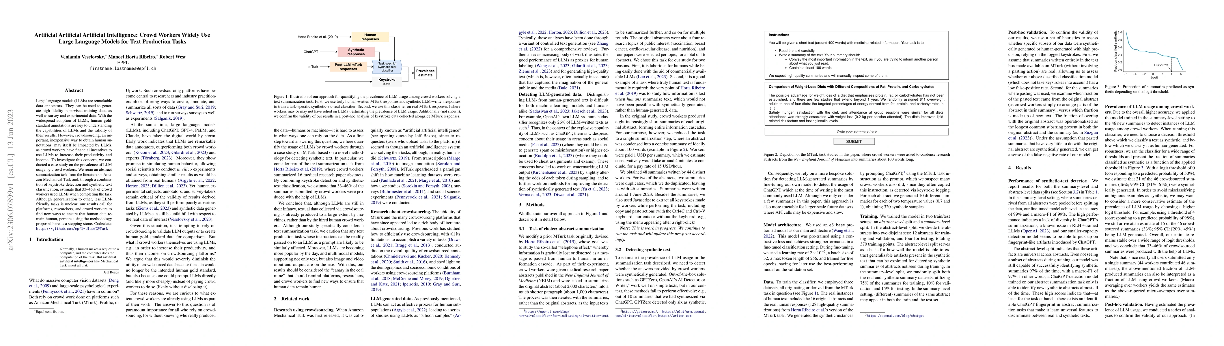 Thumbnail for Artificial Artificial Artificial Intelligence: Crowd Workers Widely Use
  Large Language Models for Text Production Tasks