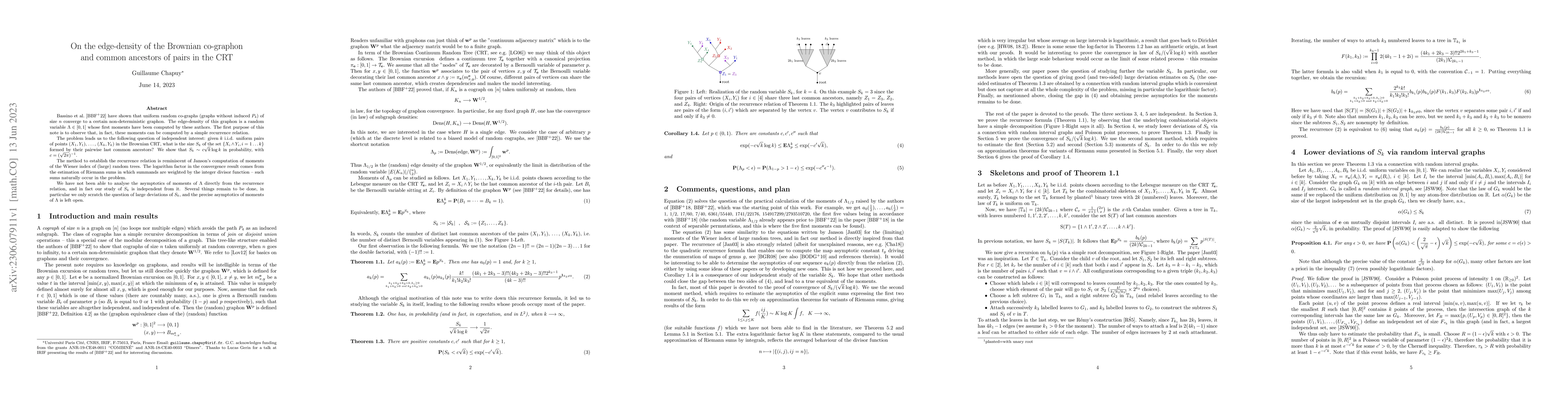 Thumbnail for On the edge-density of the Brownian co-graphon and common ancestors of
  pairs in the CRT