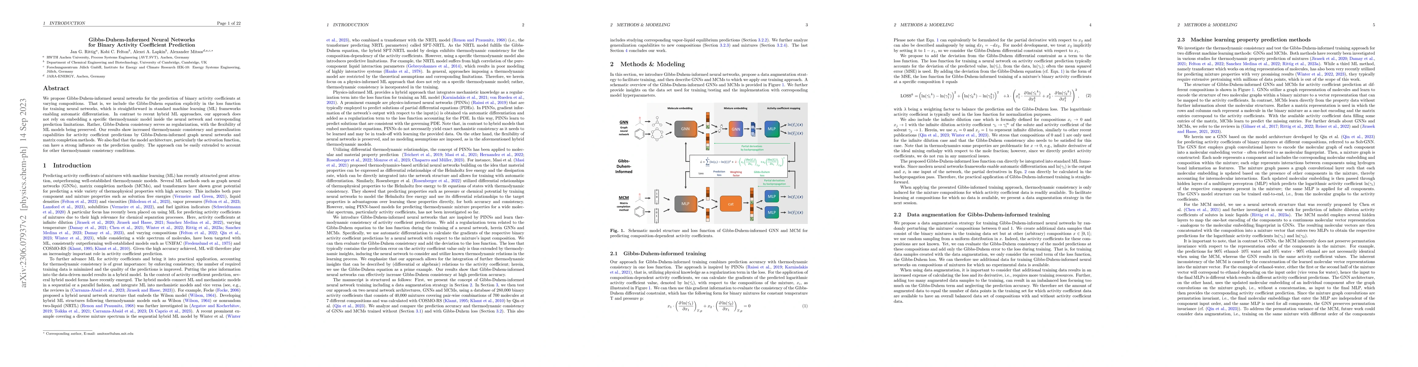 Thumbnail for Gibbs-Duhem-Informed Neural Networks for Binary Activity Coefficient
  Prediction