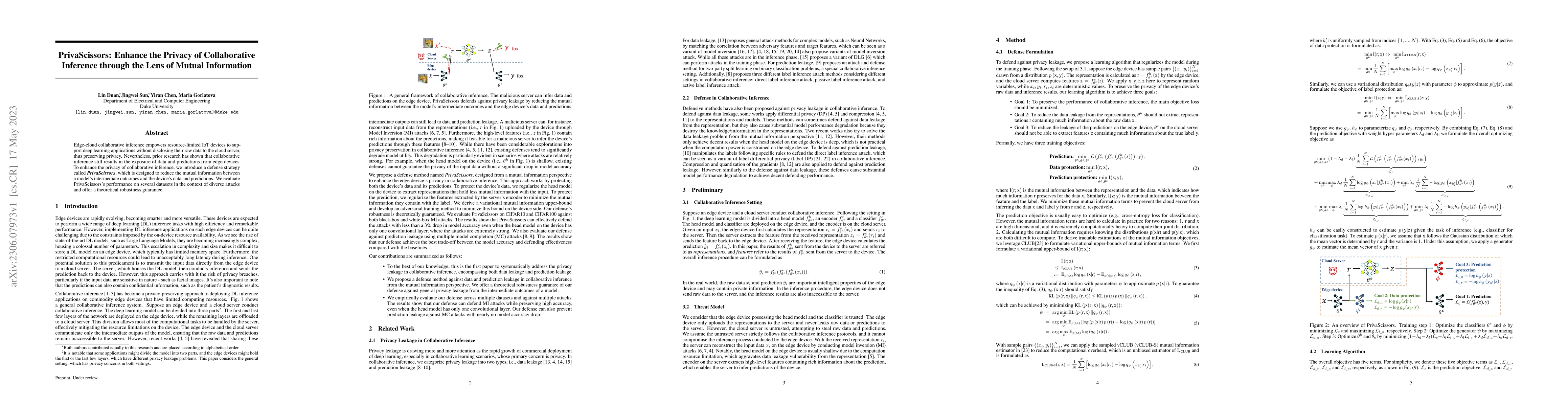 Thumbnail for PrivaScissors: Enhance the Privacy of Collaborative Inference through
  the Lens of Mutual Information