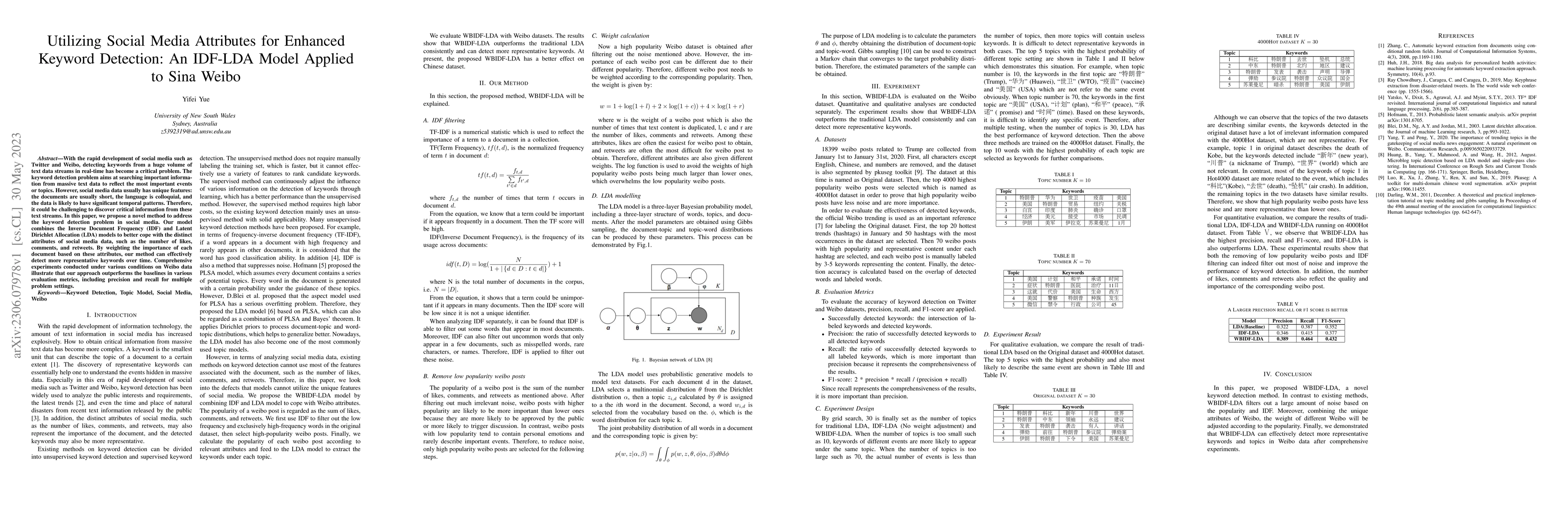 Thumbnail for Utilizing Social Media Attributes for Enhanced Keyword Detection: An
  IDF-LDA Model Applied to Sina Weibo