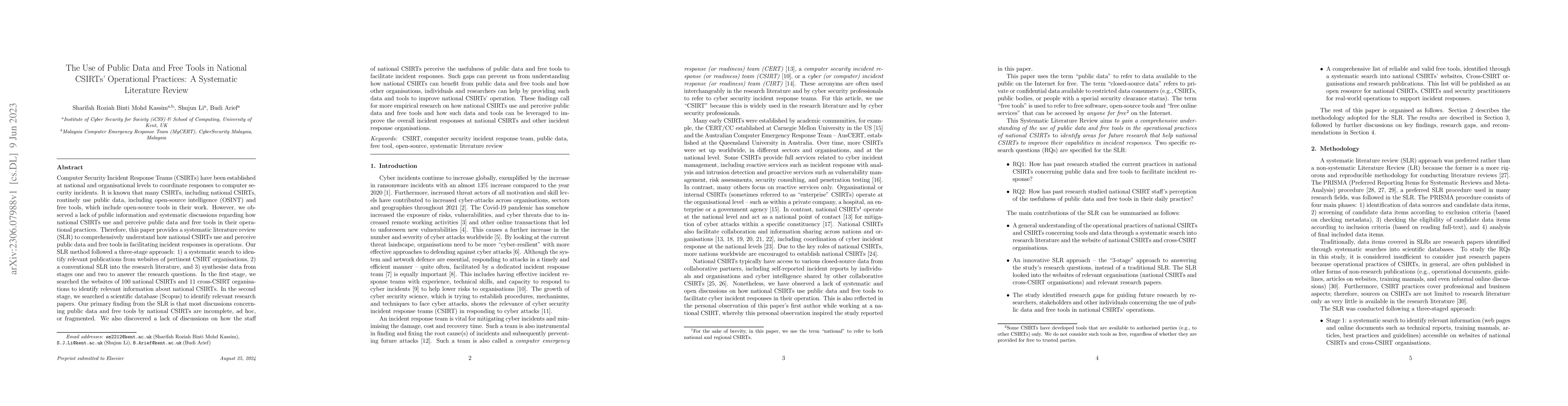 Thumbnail for The Use of Public Data and Free Tools in National CSIRTs' Operational
  Practices: A Systematic Literature Review