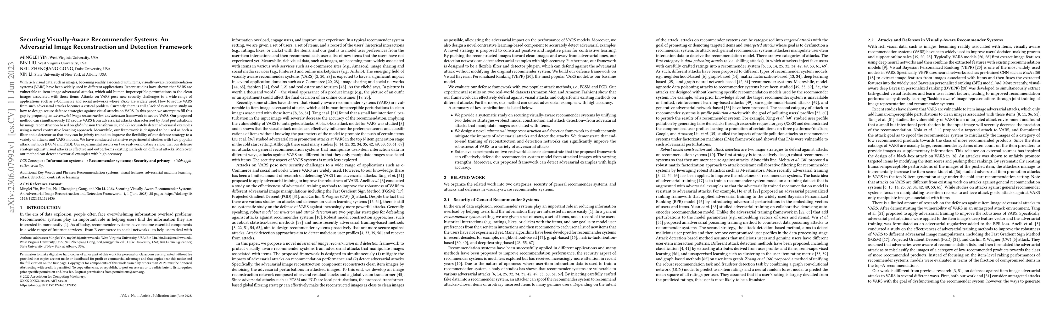Thumbnail for Securing Visually-Aware Recommender Systems: An Adversarial Image
  Reconstruction and Detection Framework
