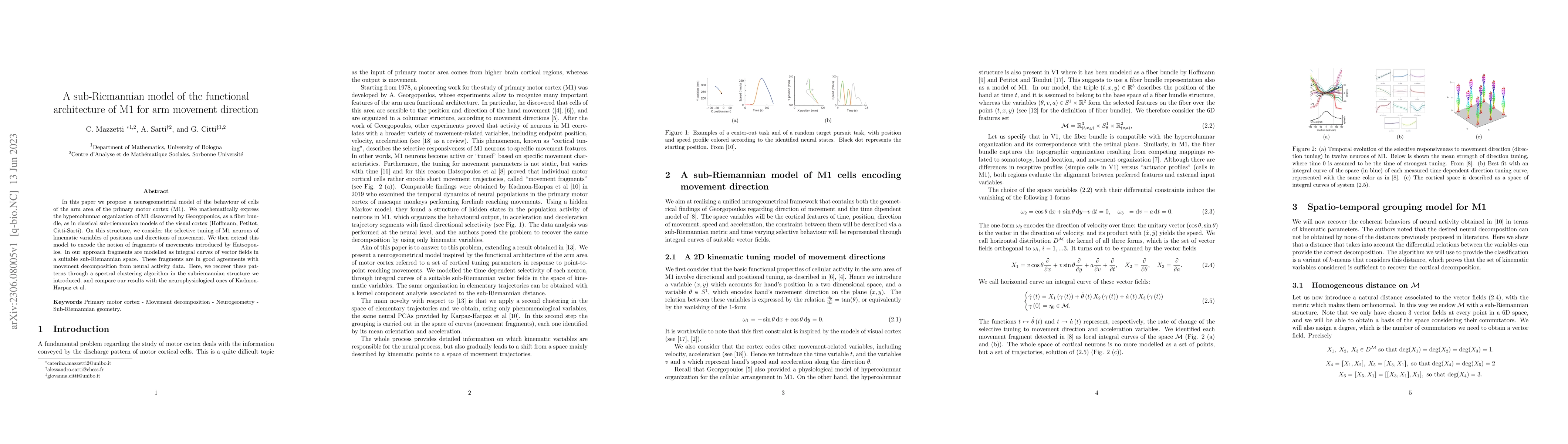 Thumbnail for A sub-Riemannian model of the functional architecture of M1 for arm
  movement direction