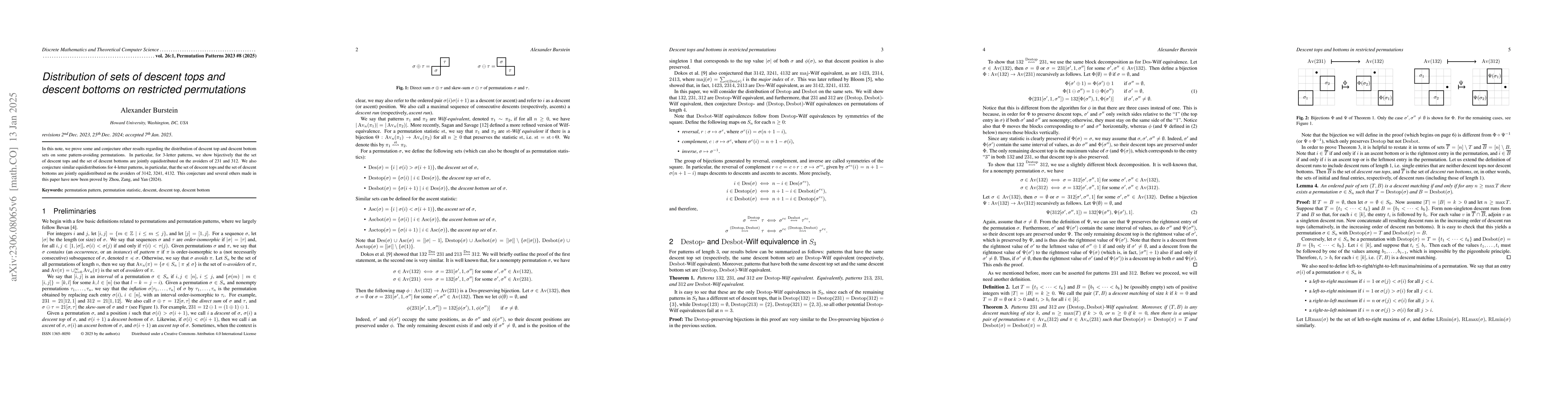 Thumbnail for Distribution of sets of descent tops and descent bottoms on restricted
  permutations