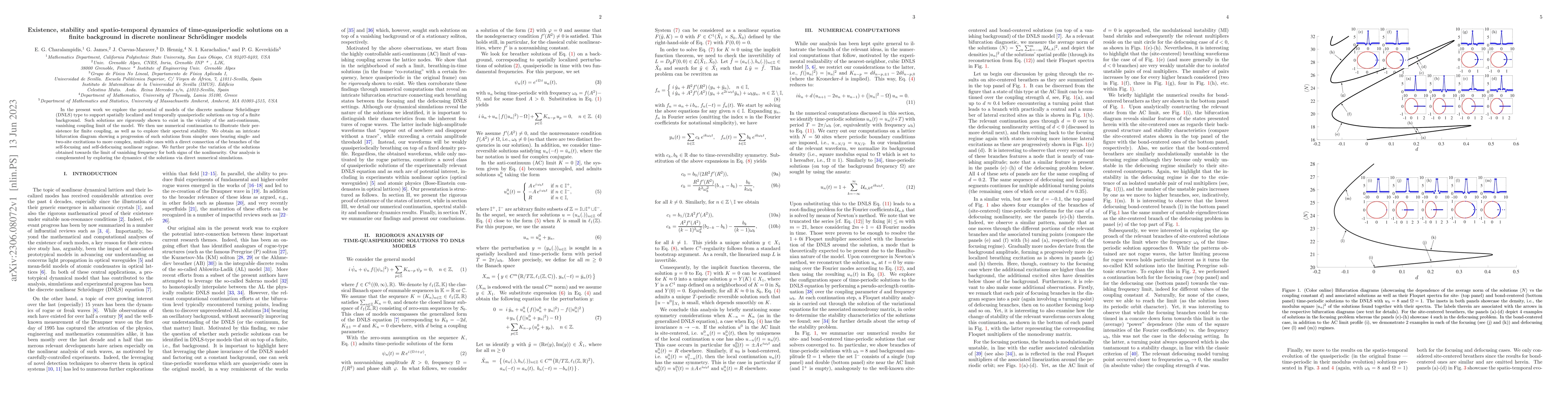 Thumbnail for Existence, stability and spatio-temporal dynamics of time-quasiperiodic
  solutions on a finite background in discrete nonlinear Schr\"odinger models