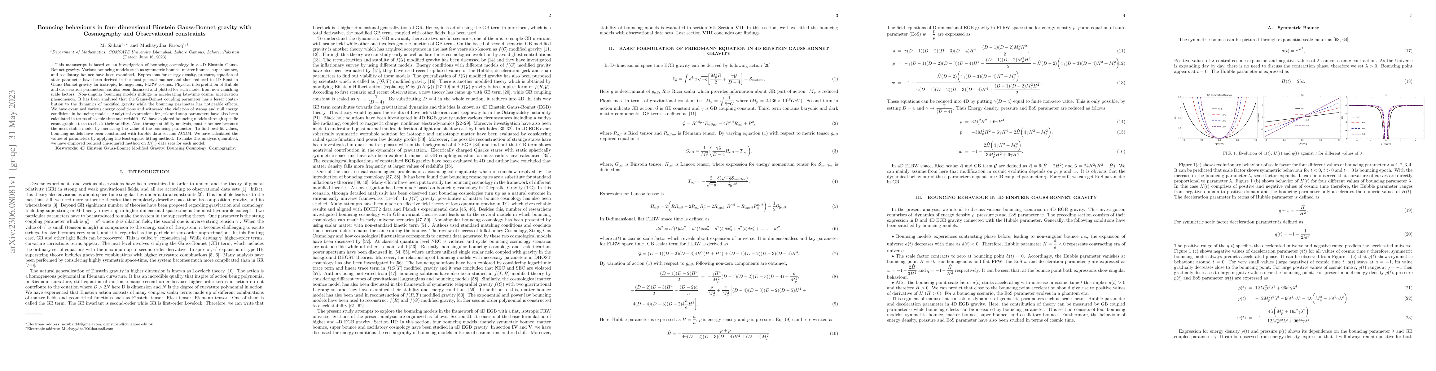 Thumbnail for Bouncing behaviours in four dimensional Einstein Gauss-Bonnet gravity
  with Cosmography and Observational constraints