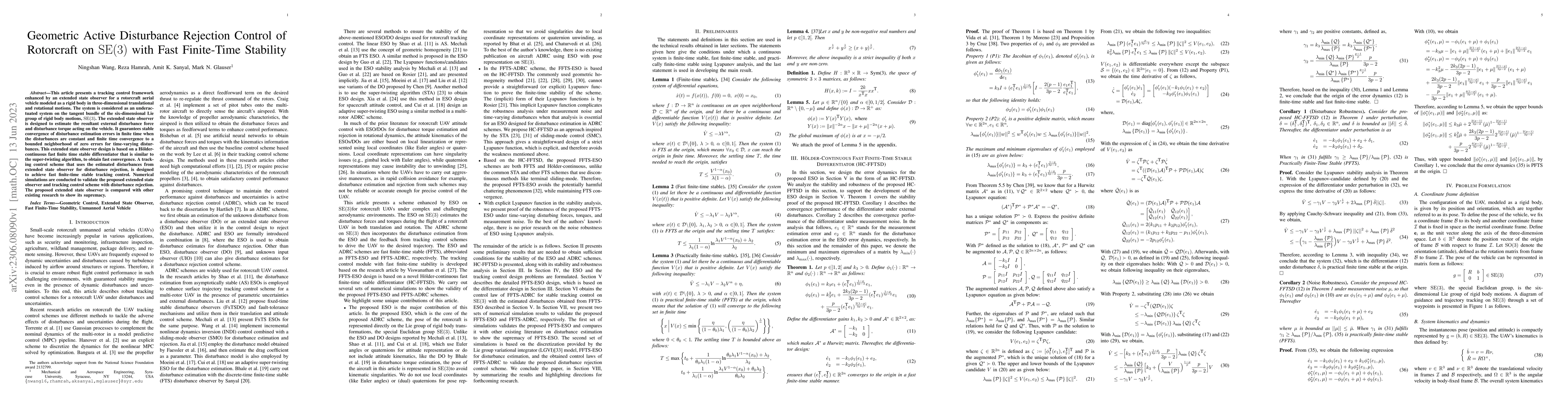 Thumbnail for Geometric Active Disturbance Rejection Control of Rotorcraft on $SE(3)$
  with Fast Finite-Time Stability