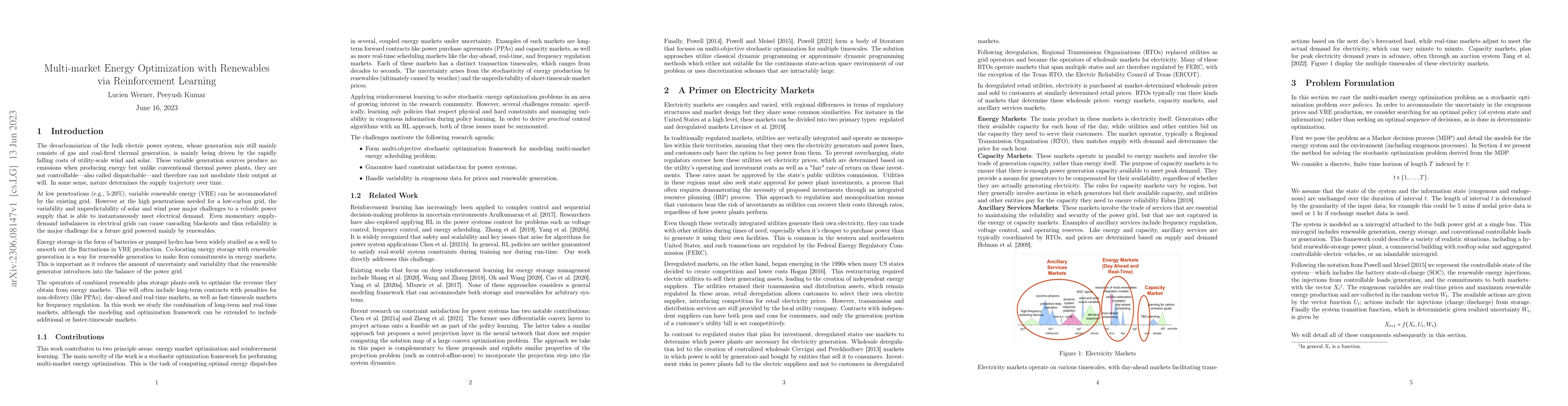 Thumbnail for Multi-market Energy Optimization with Renewables via Reinforcement
  Learning