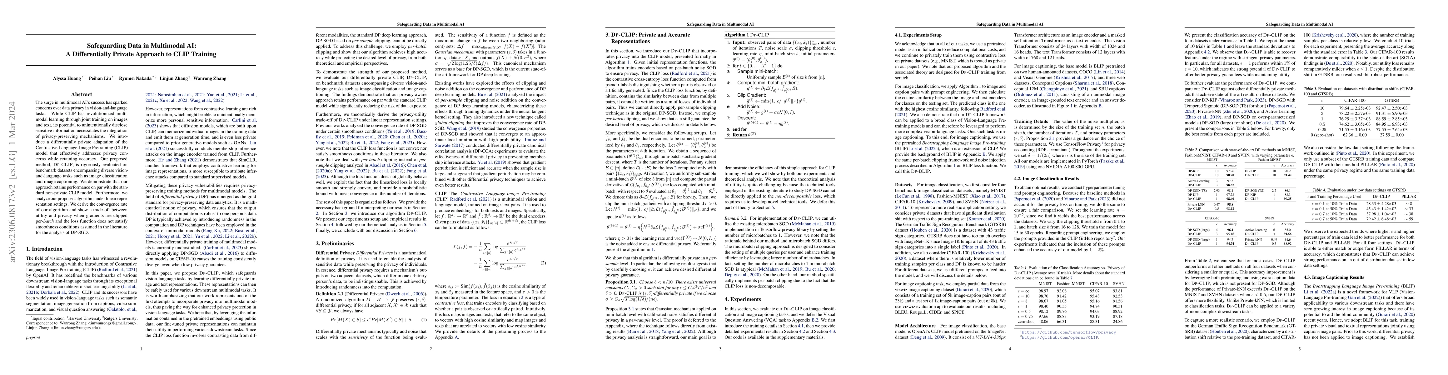 Thumbnail for Safeguarding Data in Multimodal AI: A Differentially Private Approach to
  CLIP Training