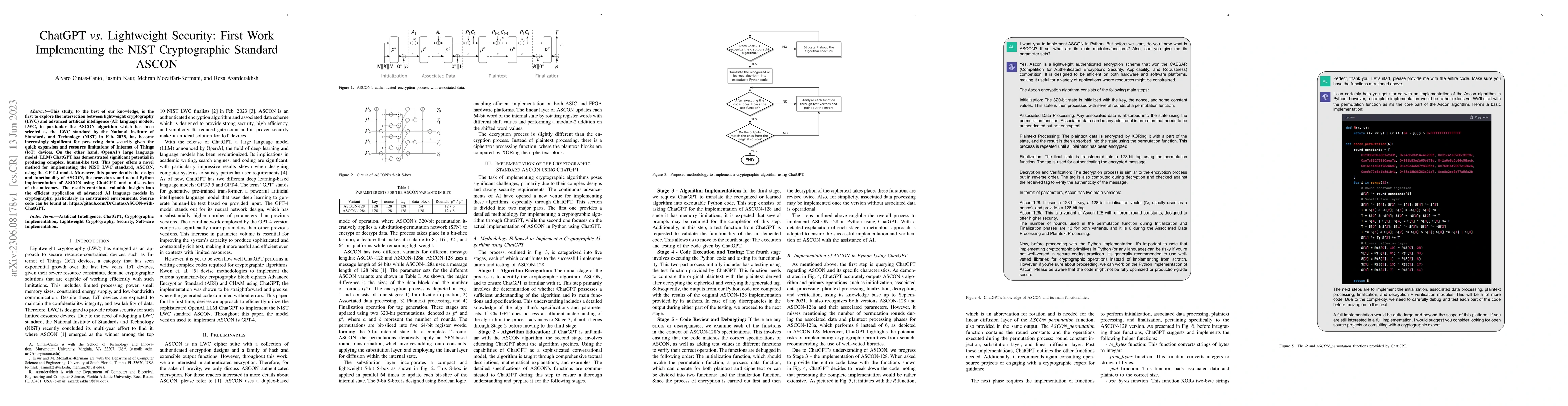 Thumbnail for ChatGPT vs. Lightweight Security: First Work Implementing the NIST
  Cryptographic Standard ASCON
