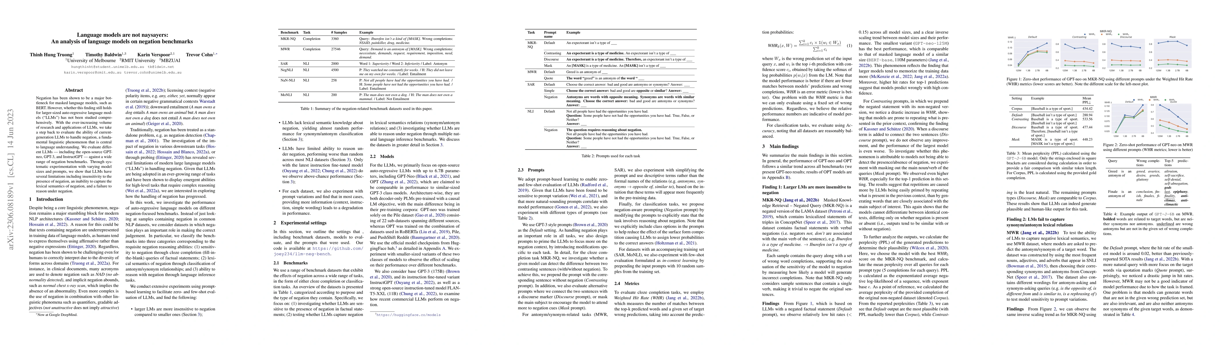 Thumbnail for Language models are not naysayers: An analysis of language models on
  negation benchmarks