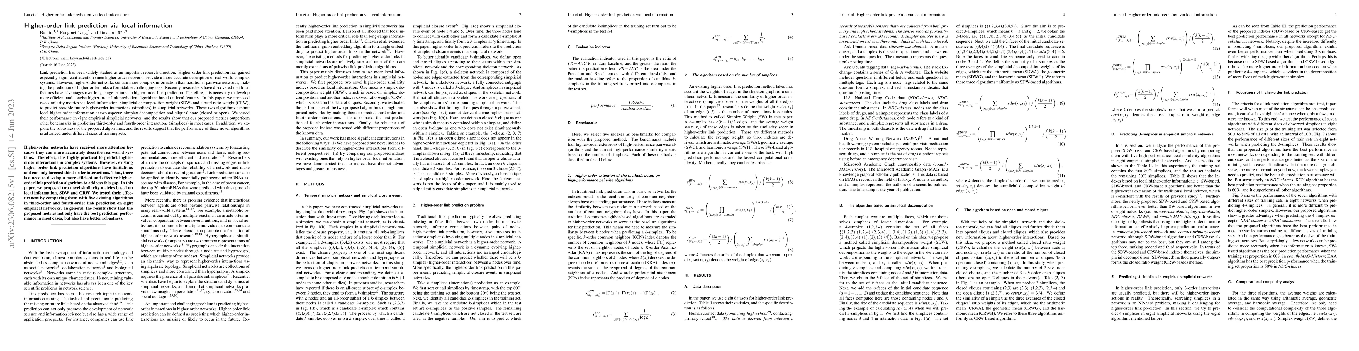 Thumbnail for Higher-order link prediction via local information