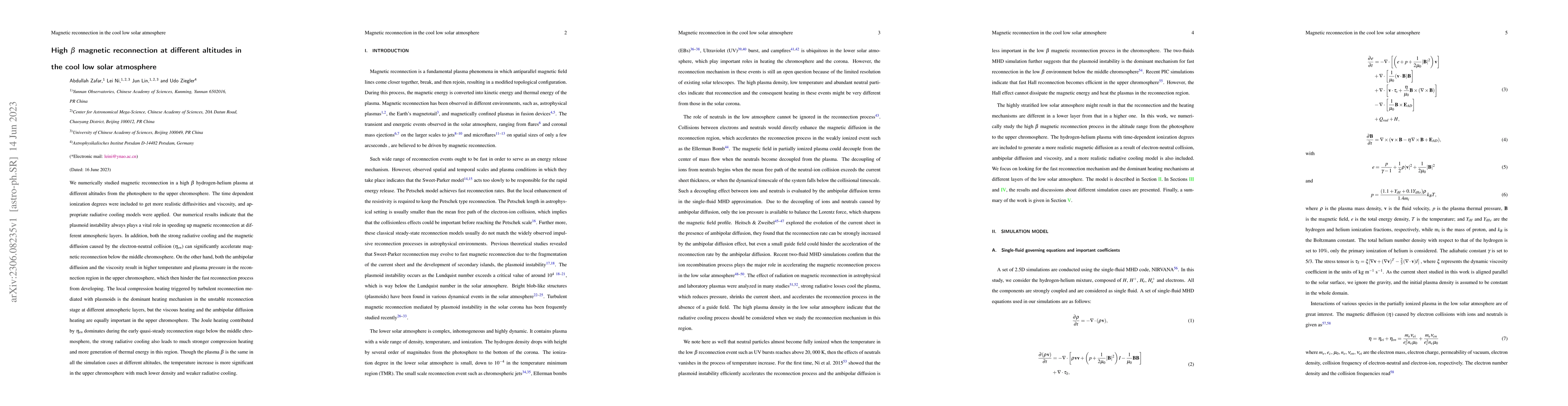 Thumbnail for High $\beta$ magnetic reconnection at different altitudes in the cool
  low solar atmosphere