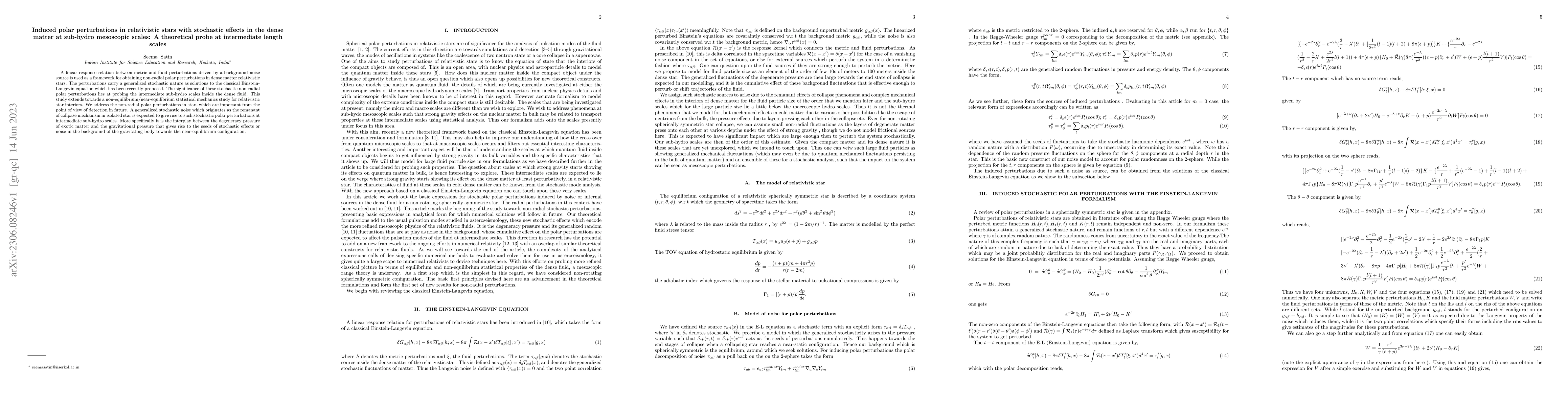 Thumbnail for Induced polar perturbations in relativistic stars with stochastic
  effects in the dense matter at sub-hydro mesoscopic scales: A theoretical
  probe at intermediate length scales