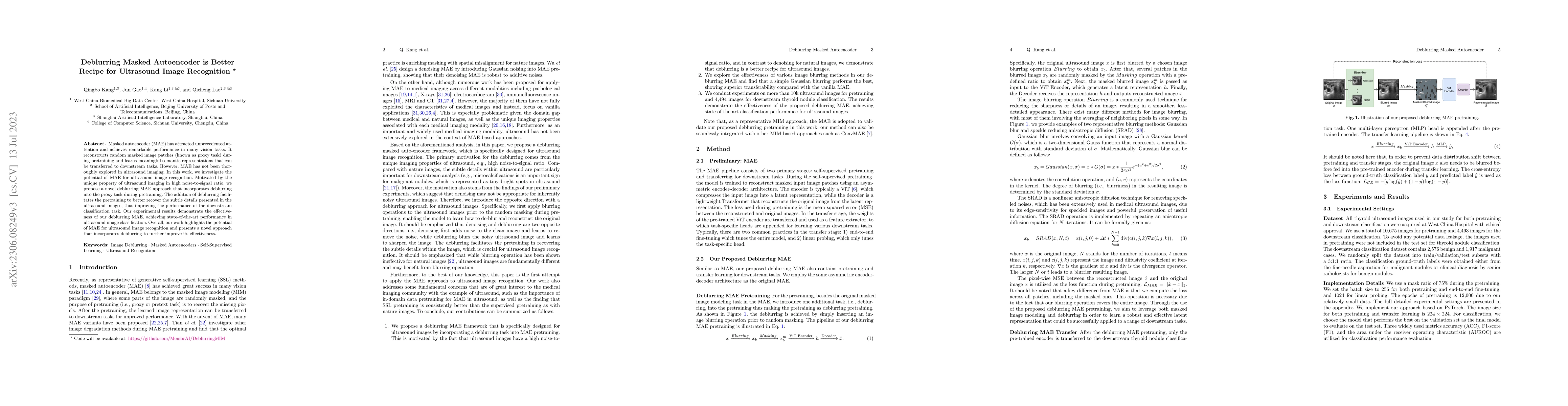 Thumbnail for Deblurring Masked Autoencoder is Better Recipe for Ultrasound Image
  Recognition