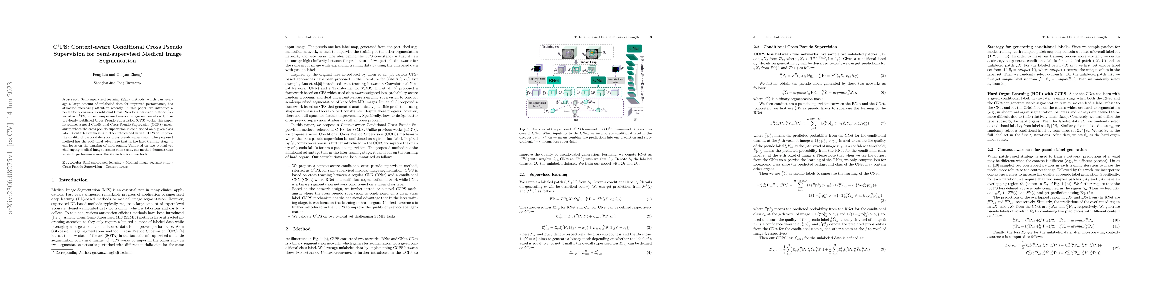 Thumbnail for C$^3$PS: Context-aware Conditional Cross Pseudo Supervision for
  Semi-supervised Medical Image Segmentation