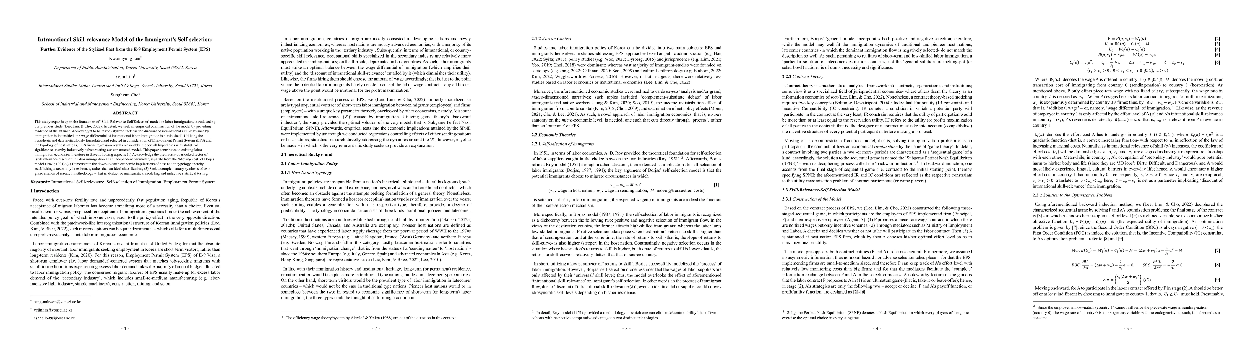Thumbnail for Intranational Skill-relevance Model of the Immigrant's Self-selection:
  Further Evidence of the Stylized Fact from the E-9 Employment Permit System
  (EPS)