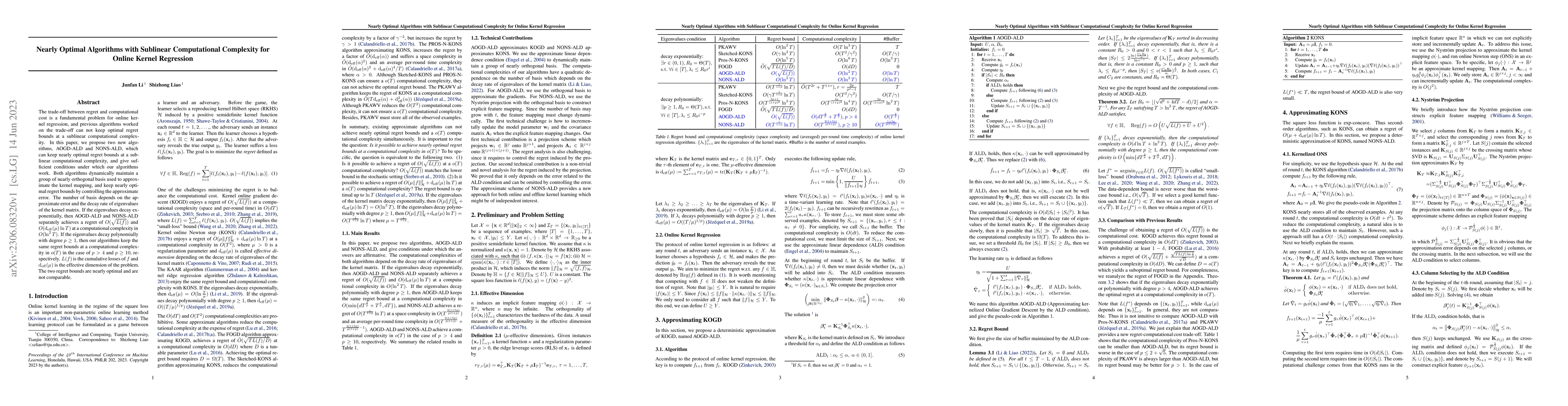 Thumbnail for Nearly Optimal Algorithms with Sublinear Computational Complexity for
  Online Kernel Regression