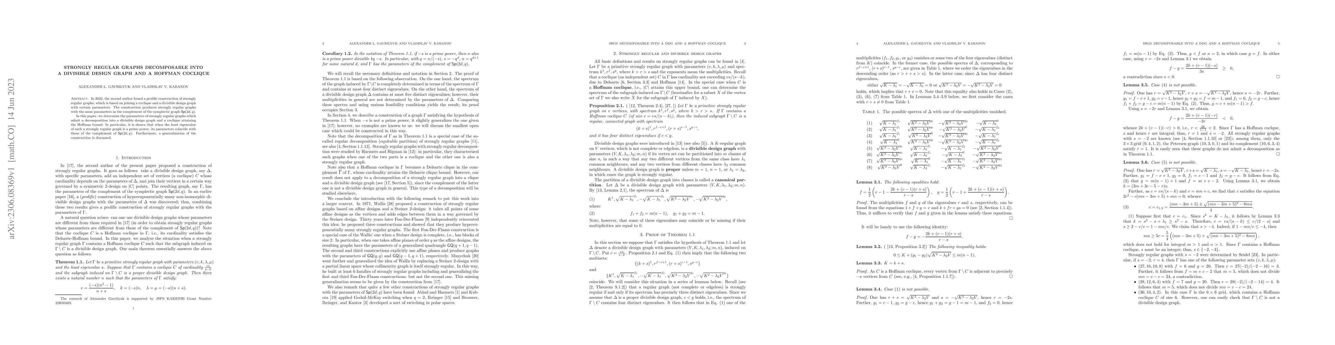 Thumbnail for Strongly regular graphs decomposable into a divisible design graph and a
  Hoffman coclique