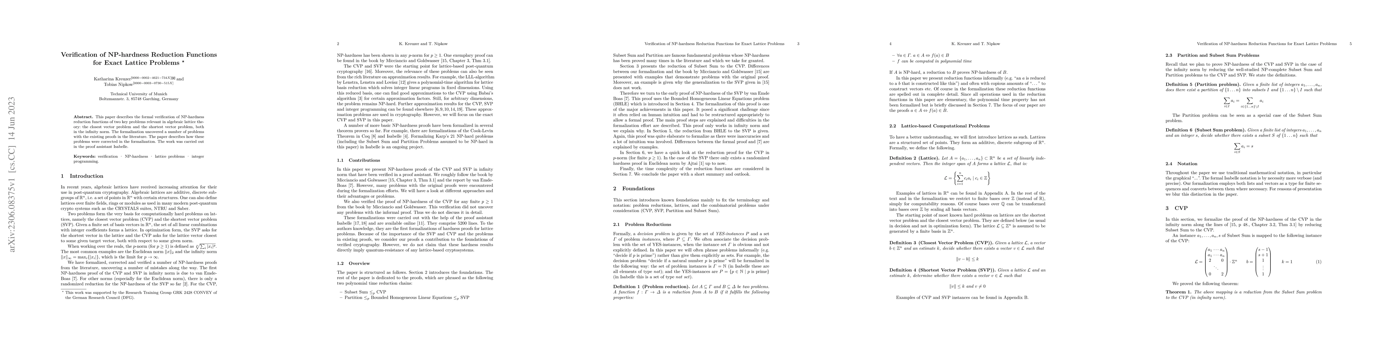 Thumbnail for Verification of NP-hardness Reduction Functions for Exact Lattice
  Problems
