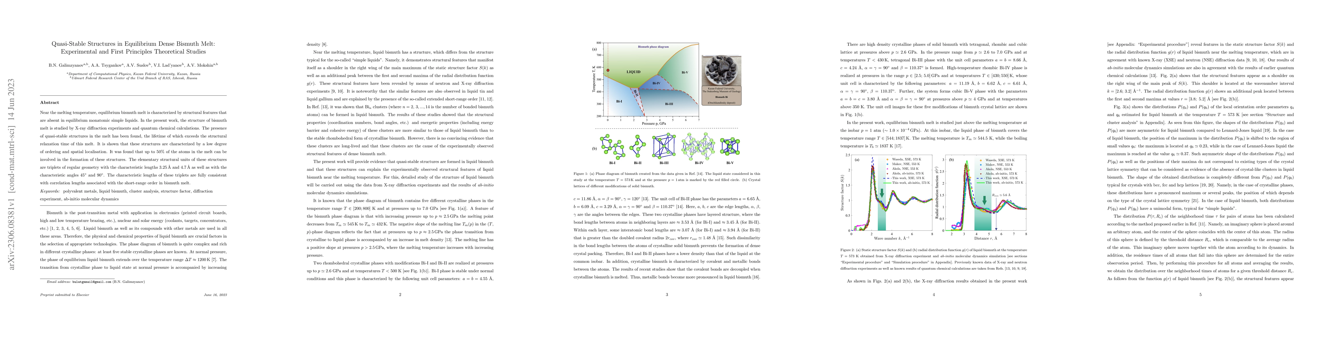 Thumbnail for Quasi-Stable Structures in Equilibrium Dense Bismuth Melt: Experimental
  and First Principles Theoretical Studies