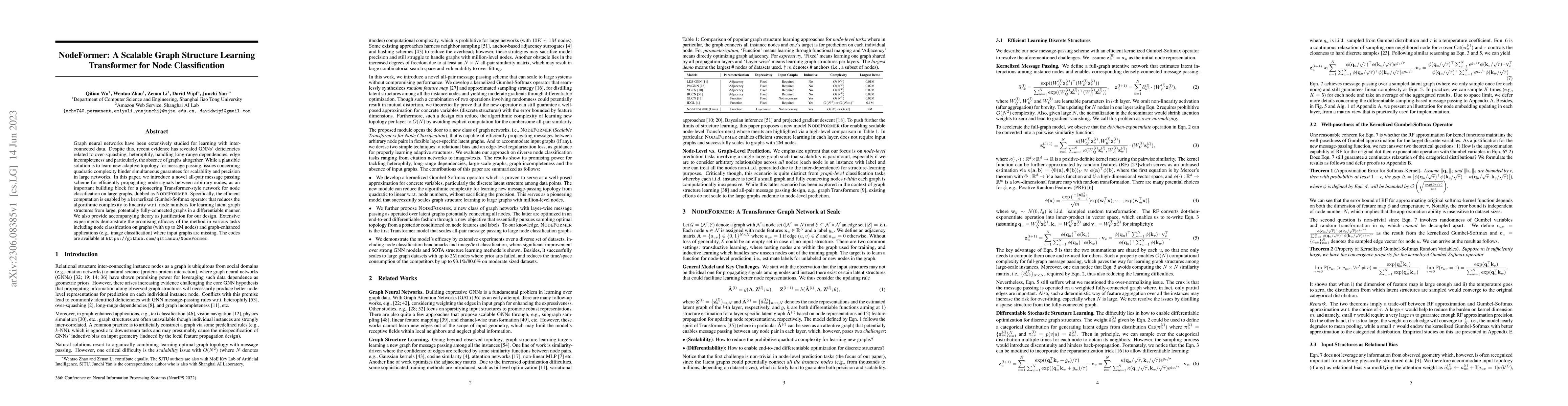 Thumbnail for NodeFormer: A Scalable Graph Structure Learning Transformer for Node
  Classification