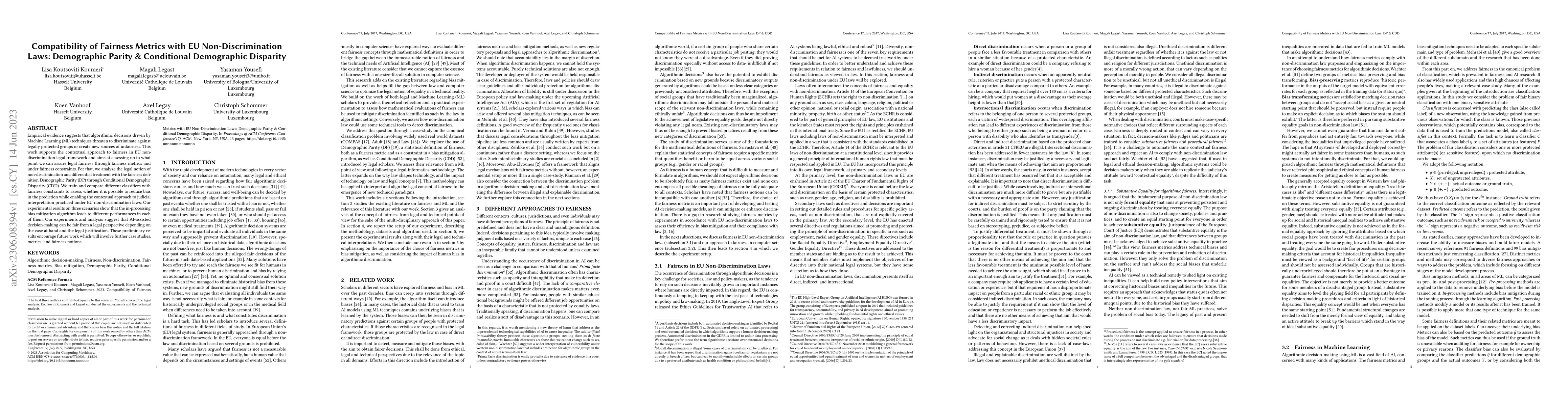 Thumbnail for Compatibility of Fairness Metrics with EU Non-Discrimination Laws:
  Demographic Parity & Conditional Demographic Disparity