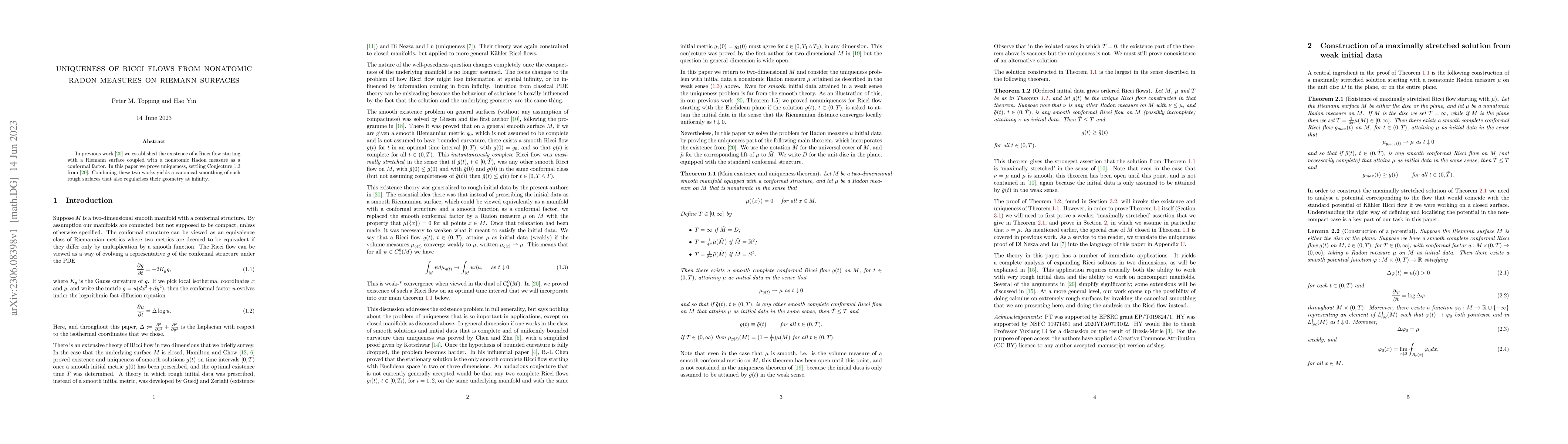 Thumbnail for Uniqueness of Ricci flows from nonatomic Radon measures on Riemann
  surfaces