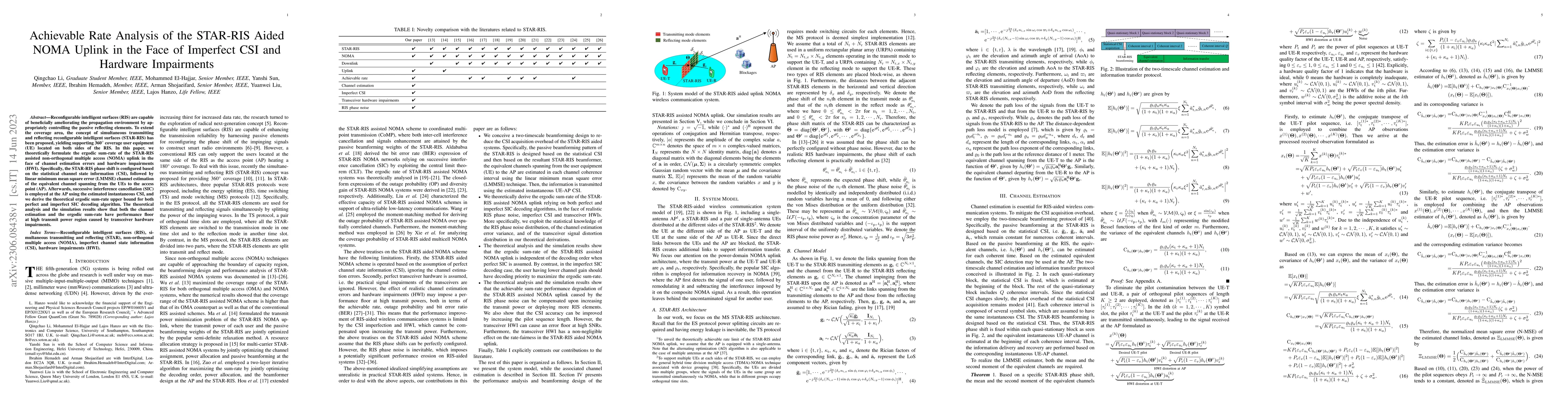 Thumbnail for Achievable Rate Analysis of the STAR-RIS Aided NOMA Uplink in the Face
  of Imperfect CSI and Hardware Impairments