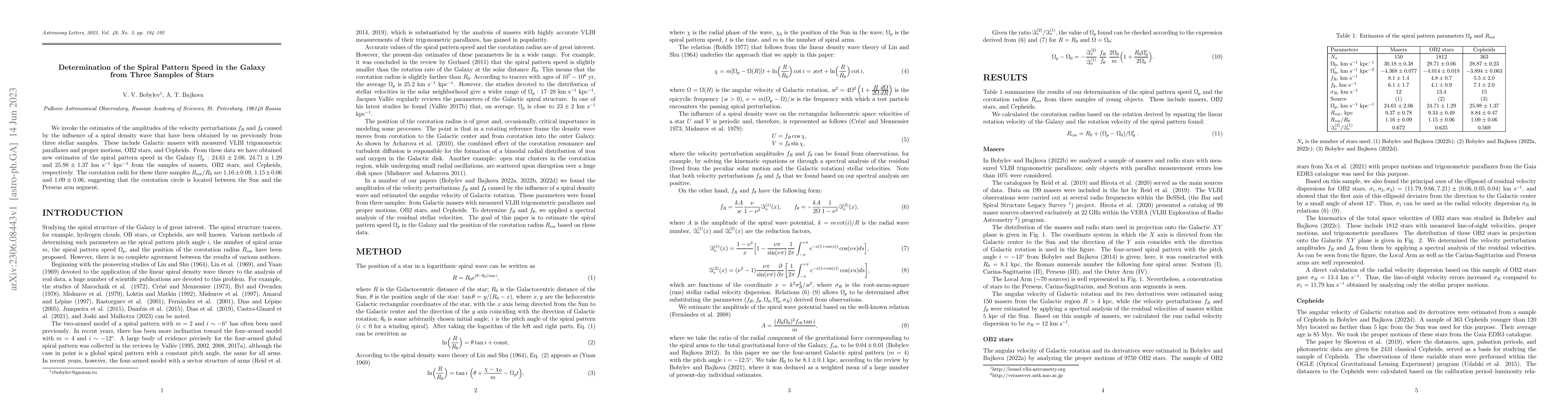 Thumbnail for Determination of the Spiral Pattern Speed in the Galaxy from Three
  Samples of Stars