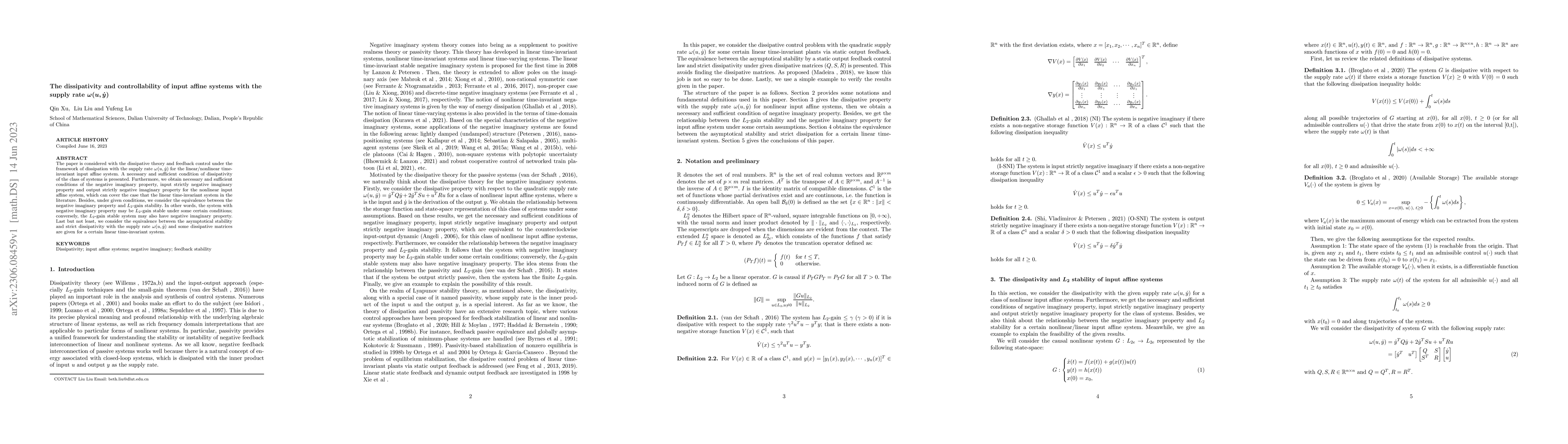 Thumbnail for The dissipativity and controllability of input affine systems
