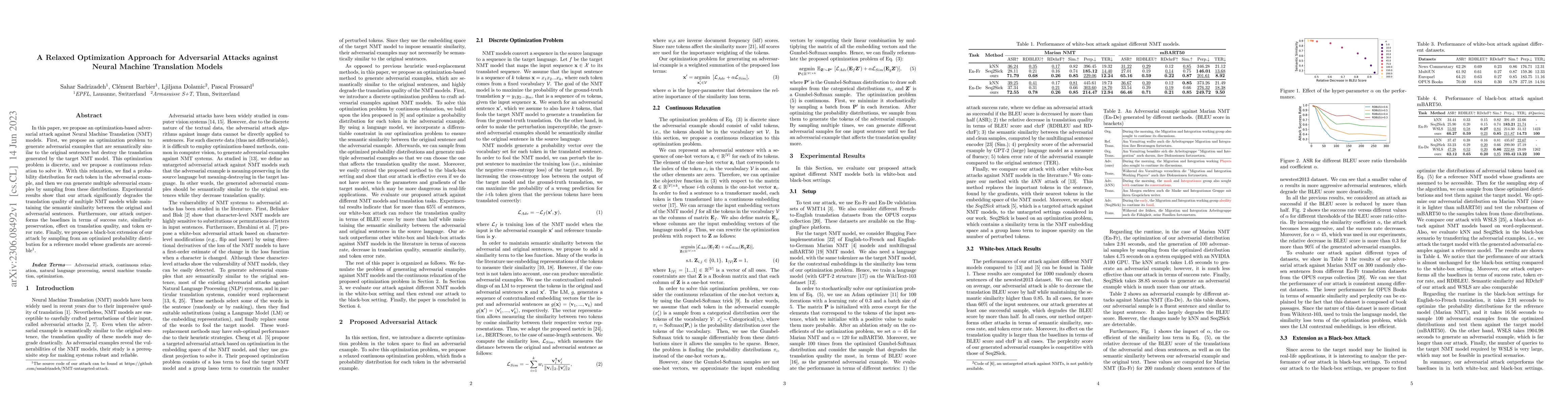 Thumbnail for A Relaxed Optimization Approach for Adversarial Attacks against Neural
  Machine Translation Models