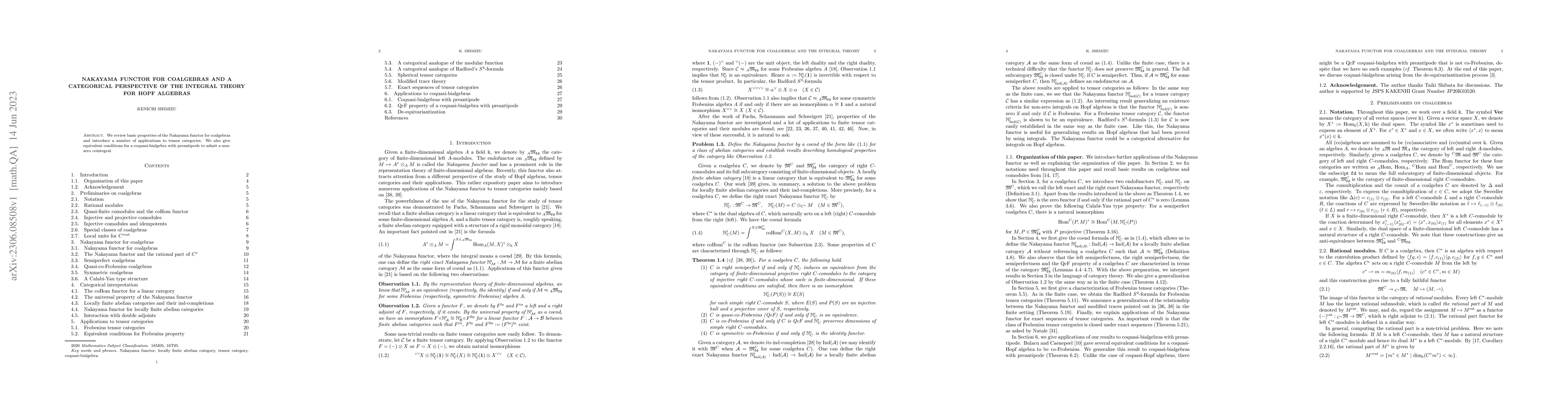 Thumbnail for Nakayama functor for coalgebras and a categorical perspective of the
  integral theory for Hopf algebras