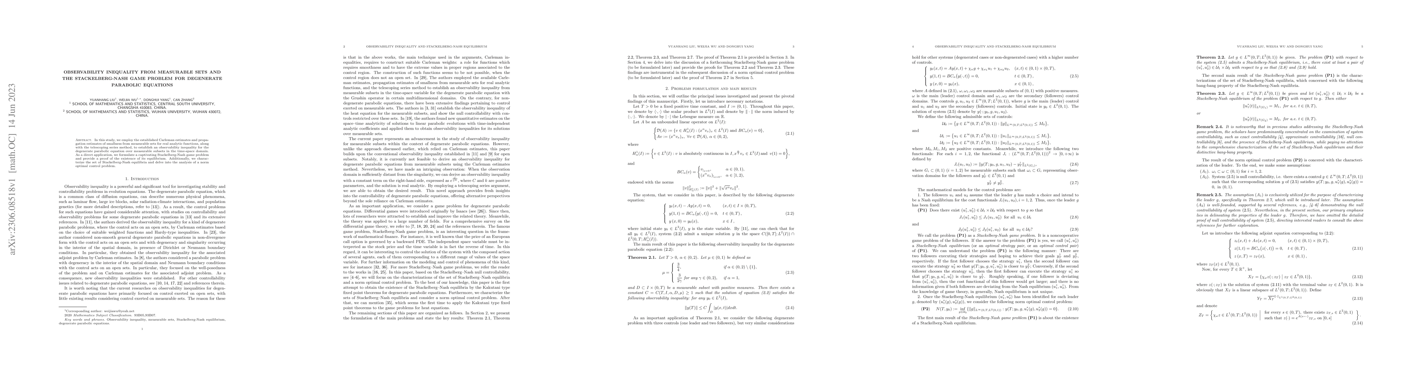 Thumbnail for Observability Inequality from Measurable Sets and the Stackelberg-Nash
  Game Problem for Degenerate Parabolic Equations