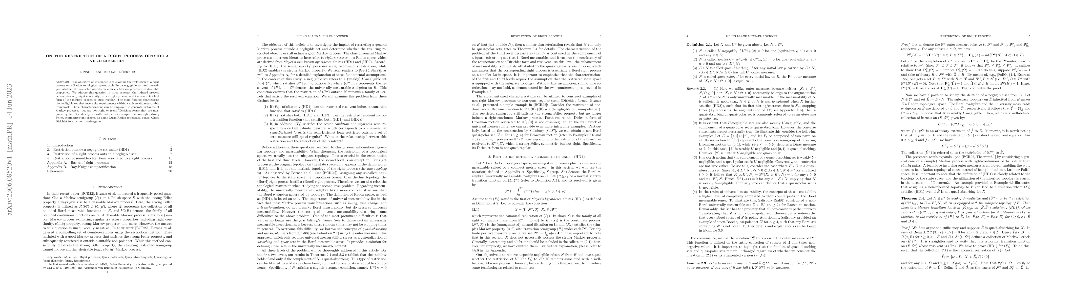 Thumbnail for On the restriction of a right process outside a negligible set