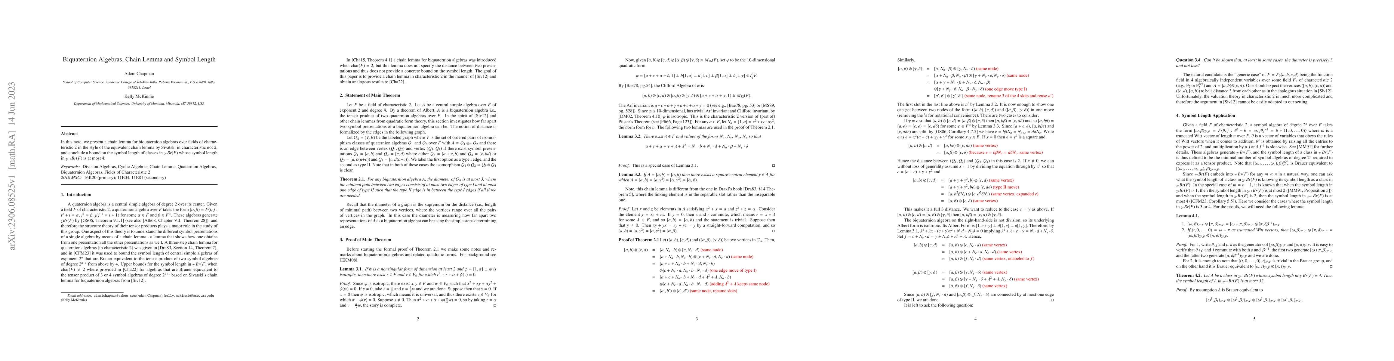 Thumbnail for Biquaternion Algebras, Chain Lemma and Symbol Length