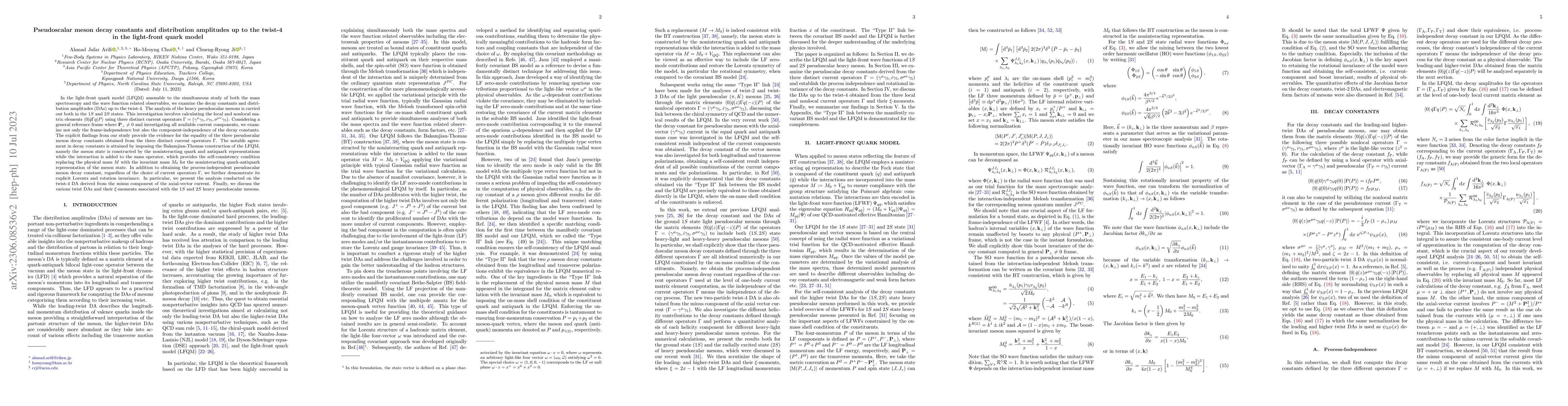 Thumbnail for Pseudoscalar meson decay constants and distribution amplitudes up to
  twist-4 in the light-front quark model