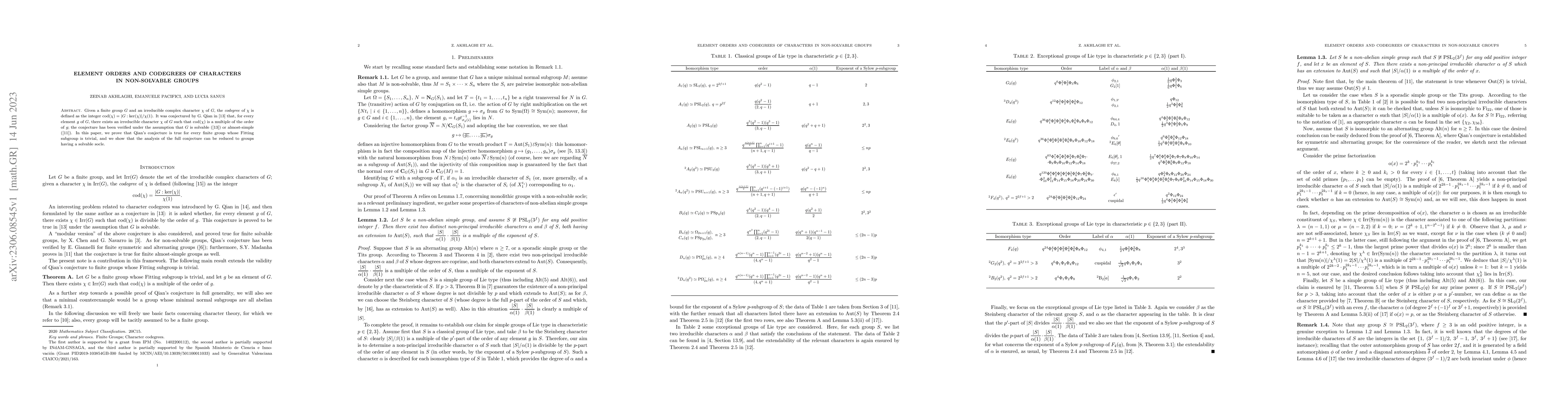 Thumbnail for Element orders and codegrees of characters in non-solvable groups