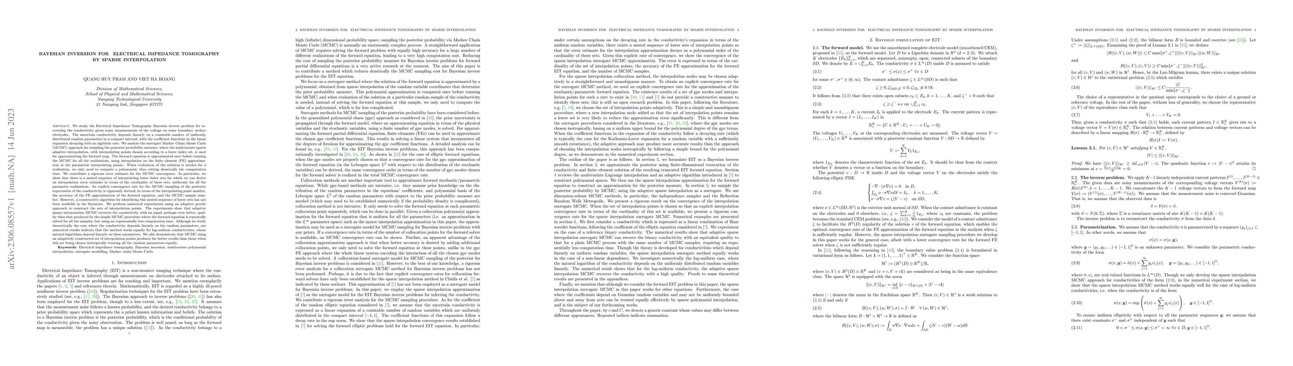 Thumbnail for Bayesian inversion for Electrical Impedance Tomography by sparse
  interpolation