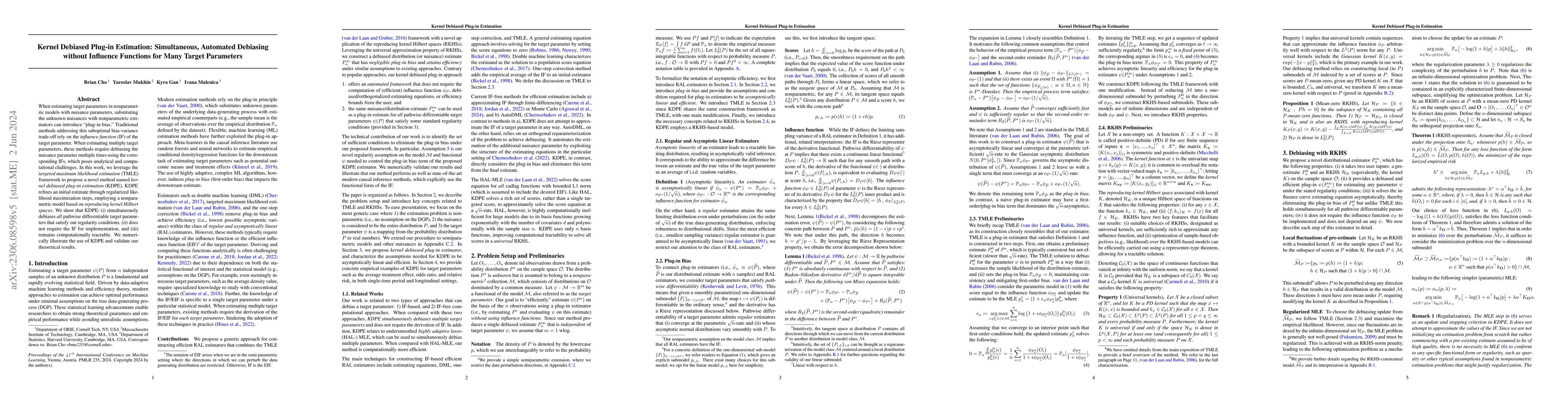 Thumbnail for Kernel Debiased Plug-in Estimation: Simultaneous, Automated Debiasing
  without Influence Functions for Many Target Parameters